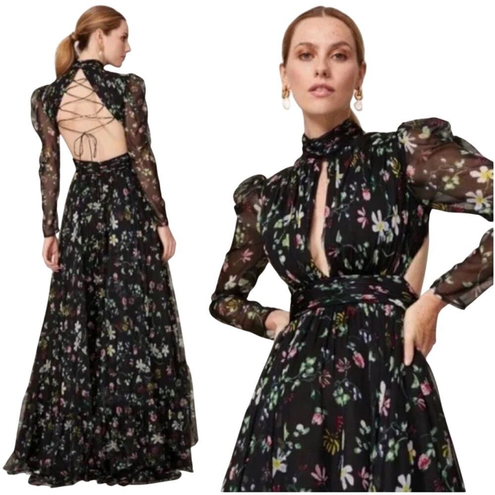 MAC DUGGAL 67942 Floral High Neck Puff Sleeve Gown Size 6 New with Tag MSRP $598